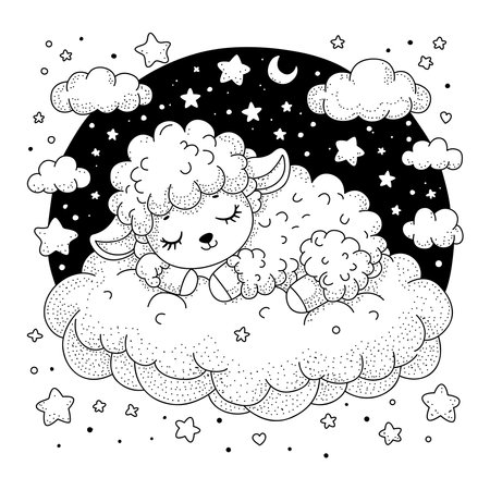 Cute sheep sleeps on clouds against the background of the starry sky. Coloring page for children and adults. Art therapy. Black and white illustration for coloring.のイラスト素材