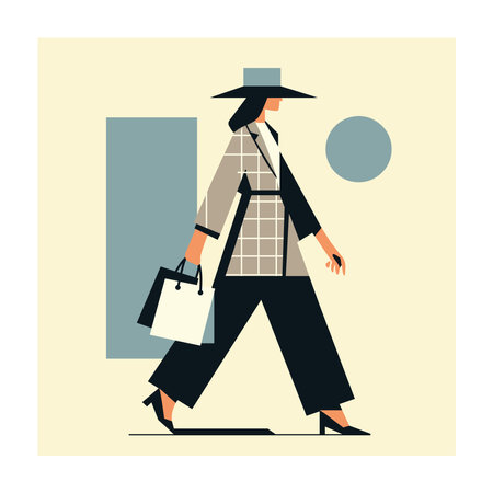Girl in a hat walks holding shopping bags in her hands. Flat vector style.のイラスト素材