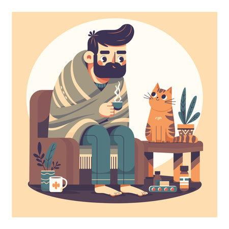 A sick man sits at home and drinks tea.のイラスト素材