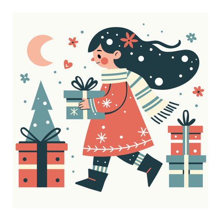 Color illustration in flat vector style. Cute girl walking holding gift box. Christmas and New Year card.のイラスト素材