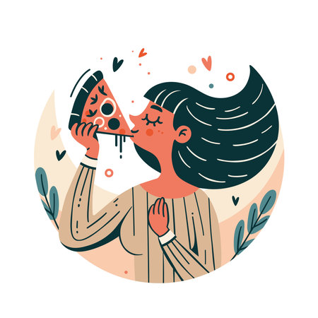 Girl eats a slice of pizza with appetite. Illustration in flat vector style.のイラスト素材