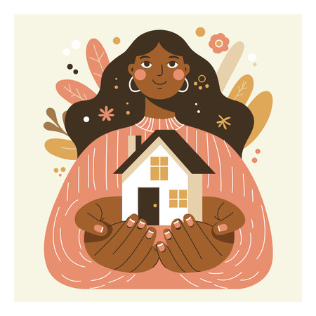 Young woman holding a model of a small house in her palms. Flat vector illustration.のイラスト素材