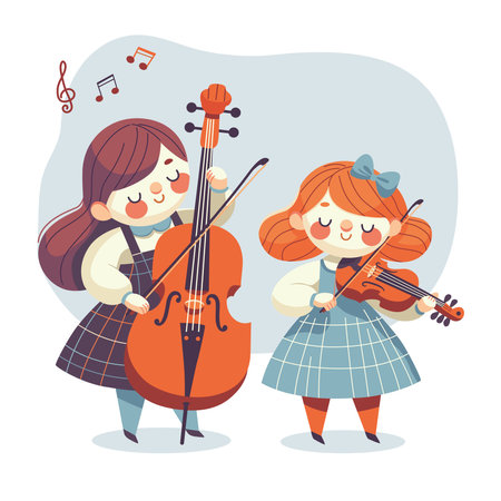 Two cute girls, a duet of musicians playing the violin and cello. Vector illustration in flat style.のイラスト素材