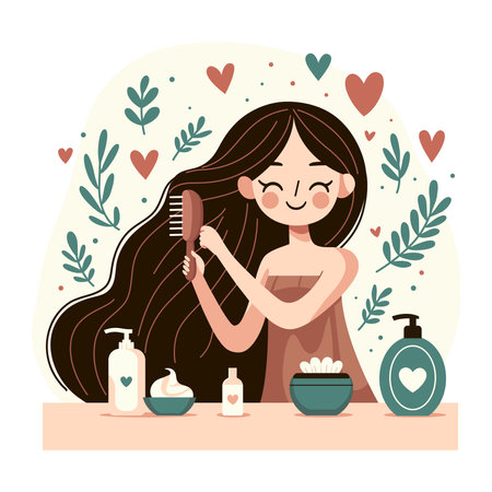 A young woman combs her long hair in front of a table with hair care products on it.のイラスト素材
