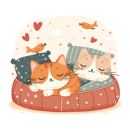 Two cute kittens are sleeping on a cat bed.のイラスト素材