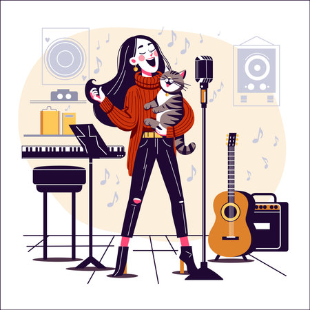 A young woman sings standing at the microphone. She holds a cat in her arms, who is also singing. A humorous illustration in a flat vector style.のイラスト素材