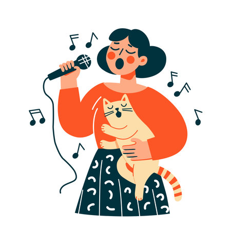 Young woman singing a duet into a microphone with her pet cat. On a white background. Flat style vector illustration.のイラスト素材