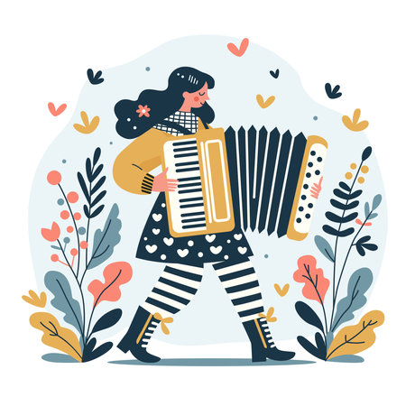 A young female musician walks playing the accordion in a bright concert costume.のイラスト素材