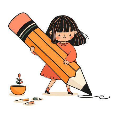 A cute girl holds a huge pencil and writes on the floor with it.のイラスト素材