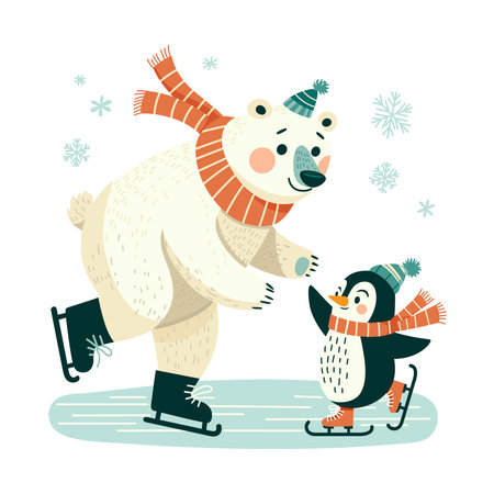 Good friends a bear and a penguin in winter hats and scarves are skating on the ice on a nice winter day.のイラスト素材