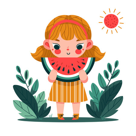 A cute girl in a summer dress holds a slice of ripe watermelon in her hands.のイラスト素材