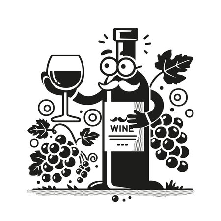 A character with a mustache in the form of a wine bottle holds a glass of wine in his hand.のイラスト素材