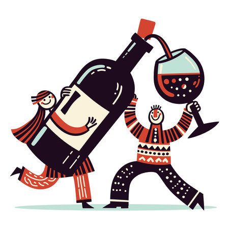 Man and woman pouring wine from bottle into glass. Humorous illustration in flat vector style.のイラスト素材