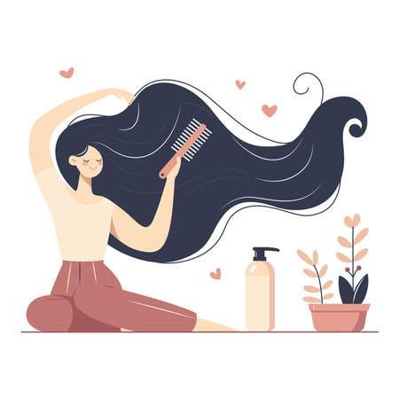 A cute girl combs her very long hair with a comb while sitting on the floor.のイラスト素材