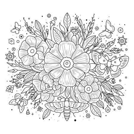 Coloring page with flowers of peony and butterflies flying. Illustration for coloring. Art therapy.のイラスト素材