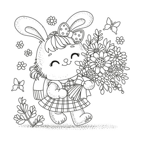 A happy bunny girl is walking with a backpack and a bouquet of flowers. Coloring page for children and adults. Illustration for coloring.のイラスト素材