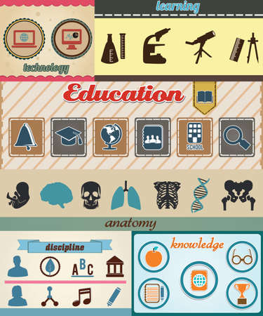 Set of retro education icons with vintage background - vector illustrationのイラスト素材