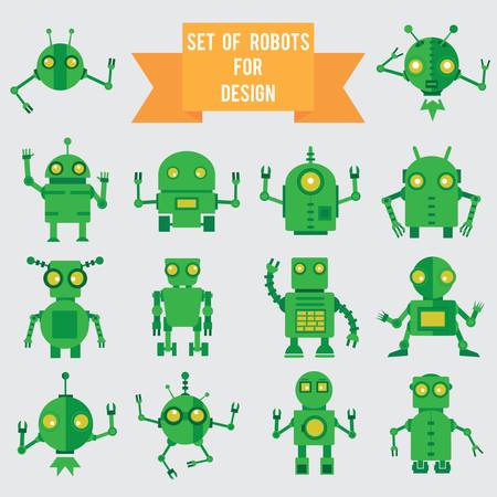 Set of green robots for design - illustrationのイラスト素材