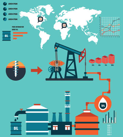 Process of oil production and petrolium refining - vector  Infographic design elementsのイラスト素材
