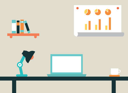 Flat illustration of workspace interior for network and co-working space with office objects illustrationのイラスト素材