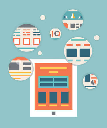 Vector flat illustration of tablet pc content rendering page のイラスト素材