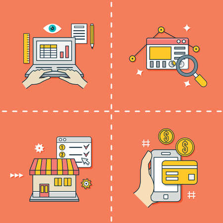 Set of flat line symbols for online shopping. Analytics, e-commerce, online shop, payments - vector symbolsのイラスト素材