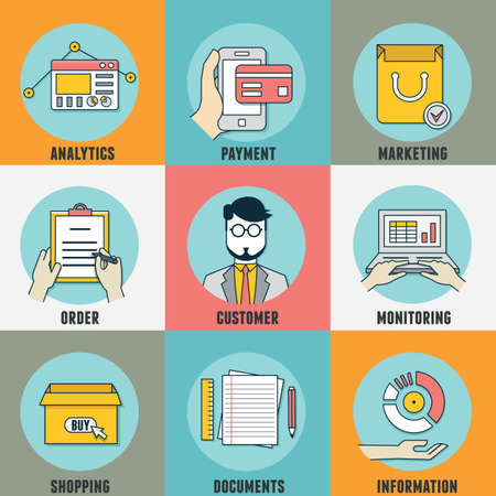 Set of flat concept icons for web and mobile services. Icons for mobile marketing, email marketing のイラスト素材