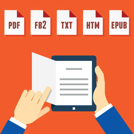 Hands Holding Electronic Book (e-book) Reader with Different Formats - vector illustrationのイラスト素材