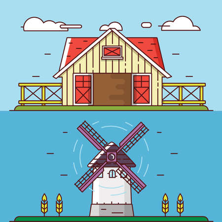 Vector linear flat rural landscapes. Granary and windmill - objects for design, labels or banners - vector elementsのイラスト素材