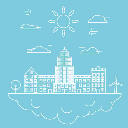 Vector city illustration in linear style - buildings on cloud - vector illustrationのイラスト素材