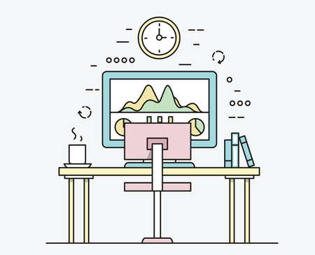 Linear flat design of modern workplace with desktop computer, developer work place and equipment for work. Vector illustration concept, isolated on grey backgroundのイラスト素材