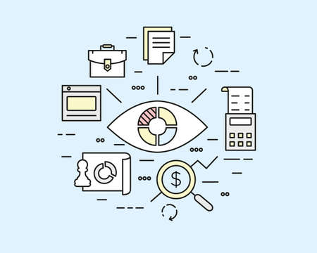 Vector linear illustration of web analytics information, data processing and development website statistic. Monitoring and statisticsのイラスト素材