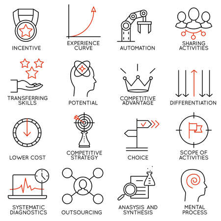 Set linear icons of business management, strategy, career progress and business people organization. Linear infographic vector pictograms - part 4のイラスト素材