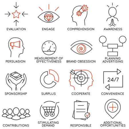 Vector set of 16 icons related to business management, strategy, career progress and business process. Mono line pictograms and infographics design elements - part 10のイラスト素材
