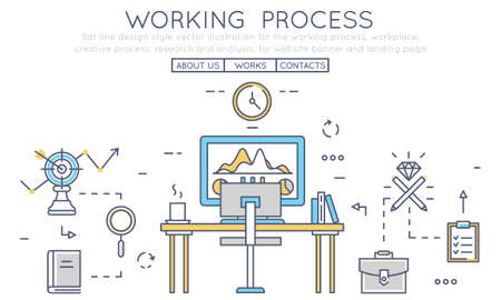 Flat line design style vector illustration for the working process, workplace, creative process, research and analysis, for website banner and landing pageのイラスト素材