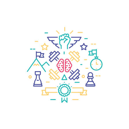 Vector thin line design of personal brain training workflow, striving for success, self development progress, human strategy solution. Modern vector illustration concept, isolated on white backgroundのイラスト素材