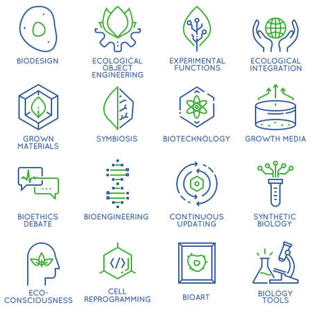 Vector set of 16 linear thin icons related to bio design, biotechnology and bioengineering. Mono line pictograms and infographics design elementsのイラスト素材
