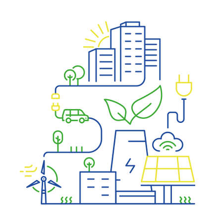 Vector linear illustration of smart city and internet of things, future technology for living, smart environments, intelligent urbanism and urban development. Mono line infographics designのイラスト素材