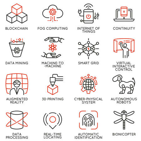 Vector set of 16 linear icons related to future innovation technology. Mono line pictograms and infographics design elements.のイラスト素材