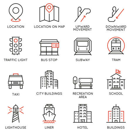 Vector set of thin linear 16 icons related to infrastructure, urban environment, city development and street transportations. Mono line pictograms and infographics design elementsのイラスト素材