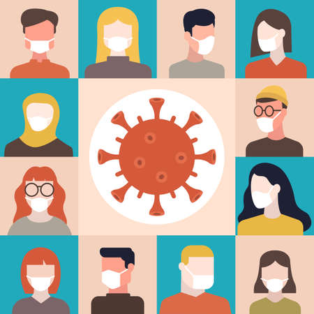 Coronavirus (2019-nCoV), Covid-19, Different People in White Medical Face Mask. Concept of Worldwide Quarantine and Self-isolation. Vector Flat Illustrationのイラスト素材