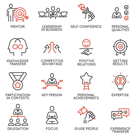 Vector set of linear icons related to skills, empowerment leadership development and qualities of a leader. Mono line pictograms and infographics design elements - part 8のイラスト素材