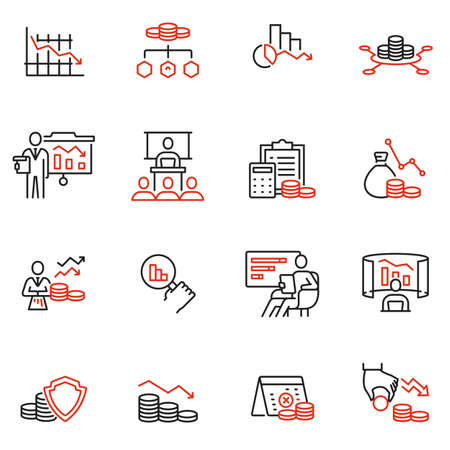 Vector Set of Linear Icons Related to Profit Decline, Finance Segression, Stagnation. Mono line pictograms and infographics design elementsのイラスト素材