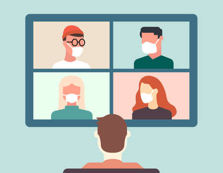 Back view of man talking to colleagues or friends about plans in video conference.のイラスト素材