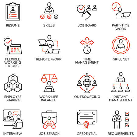 Set of Linear Icons Related to Remote Work from Home, Freelance Worker with Laptop, Workspace, Online Job.のイラスト素材