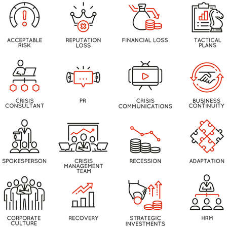 Vector Set of Linear Icons Related to Crisis Management, Recovery and Consolidation. Mono line pictograms and infographics design elements - part 2のイラスト素材