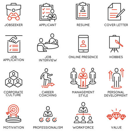 Vector Set of Linear Icons Related to Recruitment, Career Progress and Personal Development. Mono Line Pictograms and Infographics Design Elementsのイラスト素材