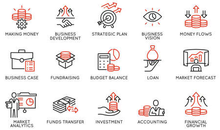 Vector set of linear icons related to finance management, trade service and investment strategy. Mono line pictograms and infographics design elementsのイラスト素材