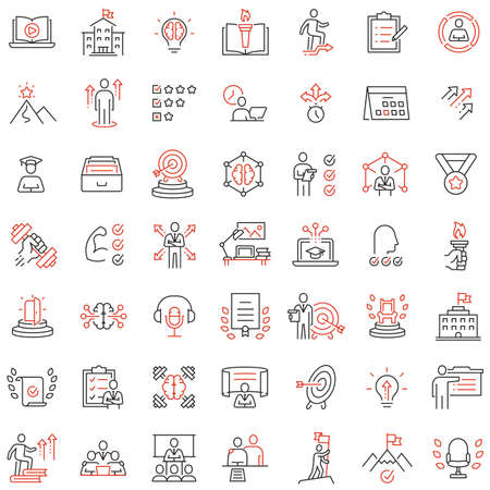 Vector set of linear icons related to skills, empowerment leadership development and qualities of a leader. Mono line pictograms and infographics design elementsのイラスト素材