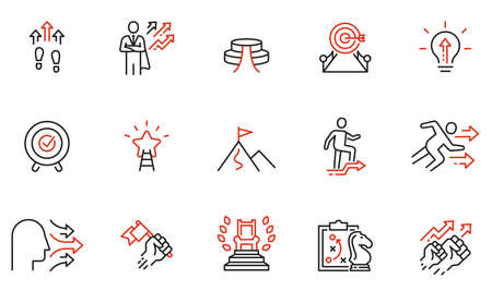 Vector set of linear icons related to assertiveness, striving for development, realization and progress. Mono line pictograms and infographics design elementsのイラスト素材